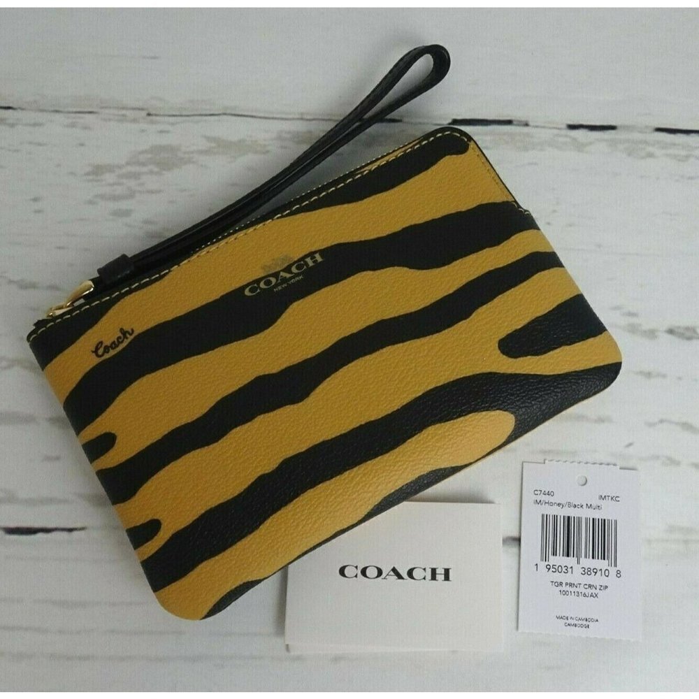 New Coach TIGER Corner Zip Wristlet Wallet Small Bag Coated Canvas Leather Logo - Picture 2 of 12